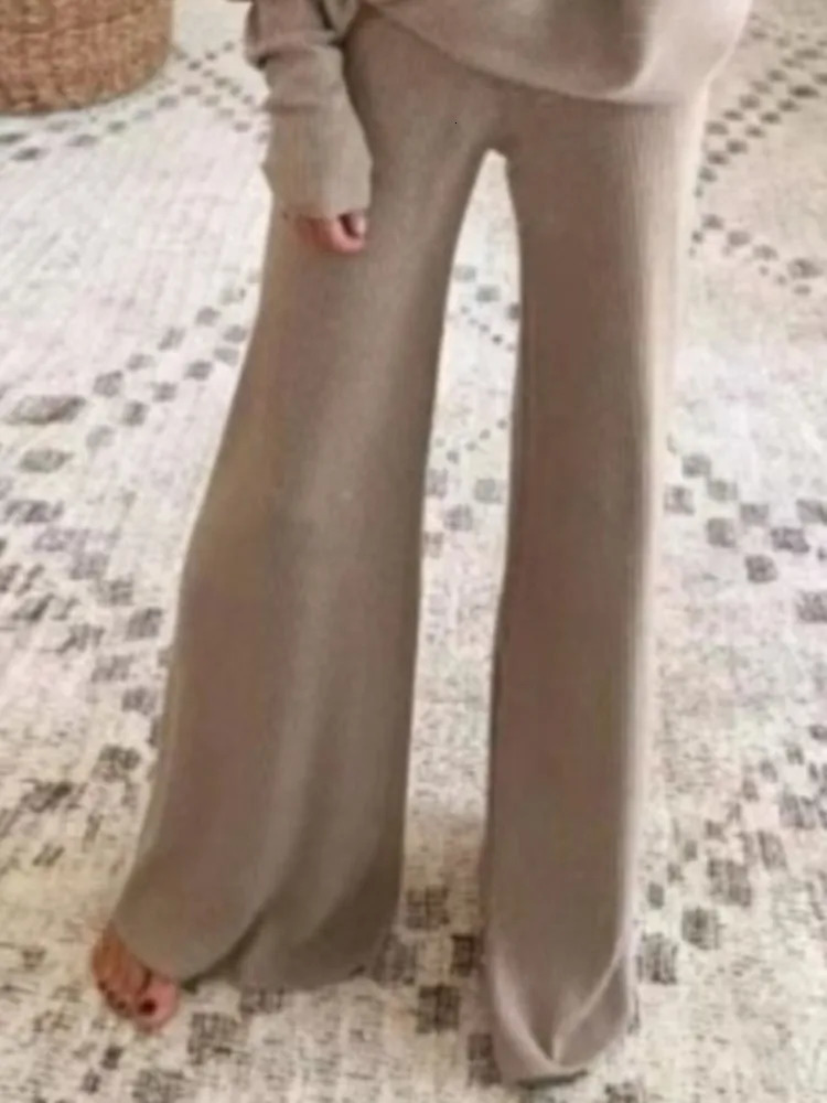 Fashion Long-sleeved Bateau Collar Top Wide-leg Pants 2-piece Set Women Elegant Autumn Solid Color Knitted Loose Suit Female 250616