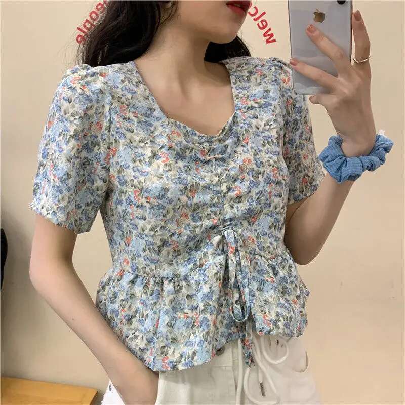 Clothing Short Sleeve Cute Womens Shirts and Blouses Kawaii Top for Woman Crop Floral with Bow Korean Style Modern Long Pretty