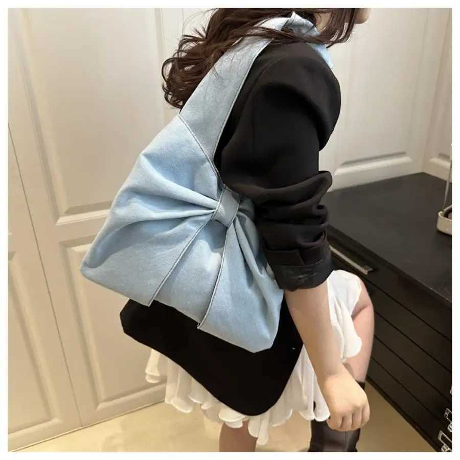 Fashionable and minimalist denim single shoulder handbag exquisite bow tie niche commuting tote bag. Z250617