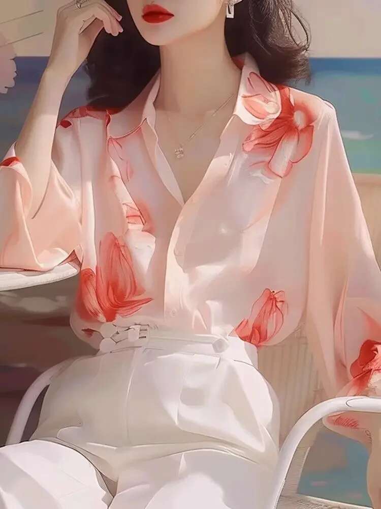 Woman Top Summer Chiffon Full Long Sleeve Shirts Blouses for Women Aesthetic Clothing Trend 2025 M Modern Tall Fashion Xl Y2k