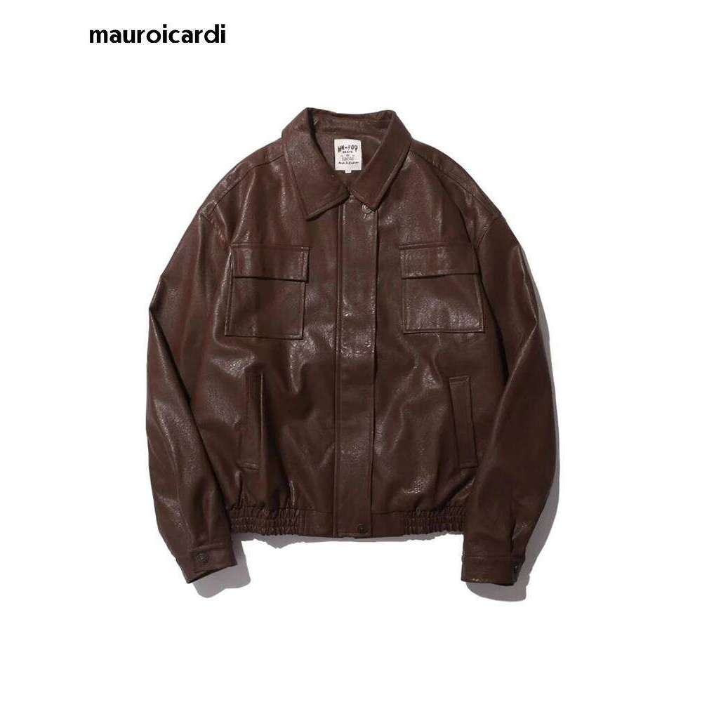 Mauroicardi Autumn Winter Vintage Oversized Cool Brown Black Soft Pu Leather Jacket Men Pockets Loose Casual Unisex Clothes 2023