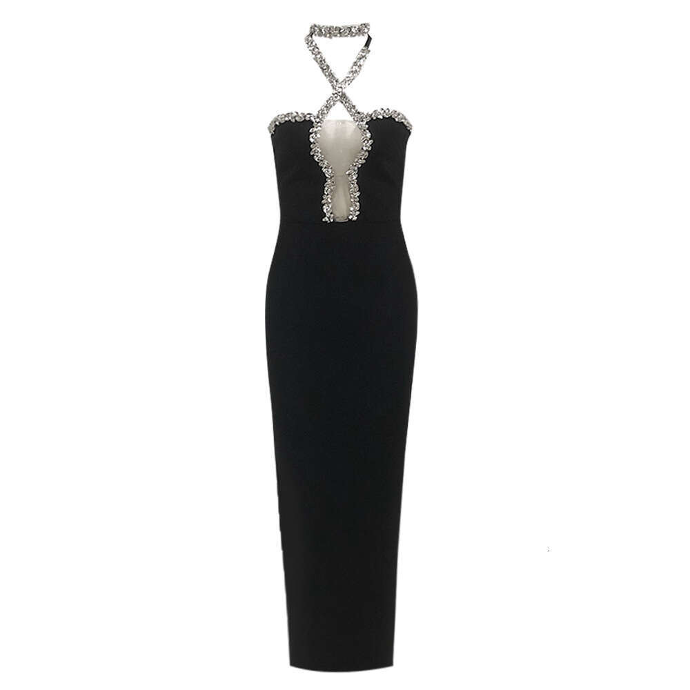 Luxury Heavy Craft Diamond-Studded Halter Neck Slim Bandage Split Long Sexy Socialite Elegant Evening Show Dress