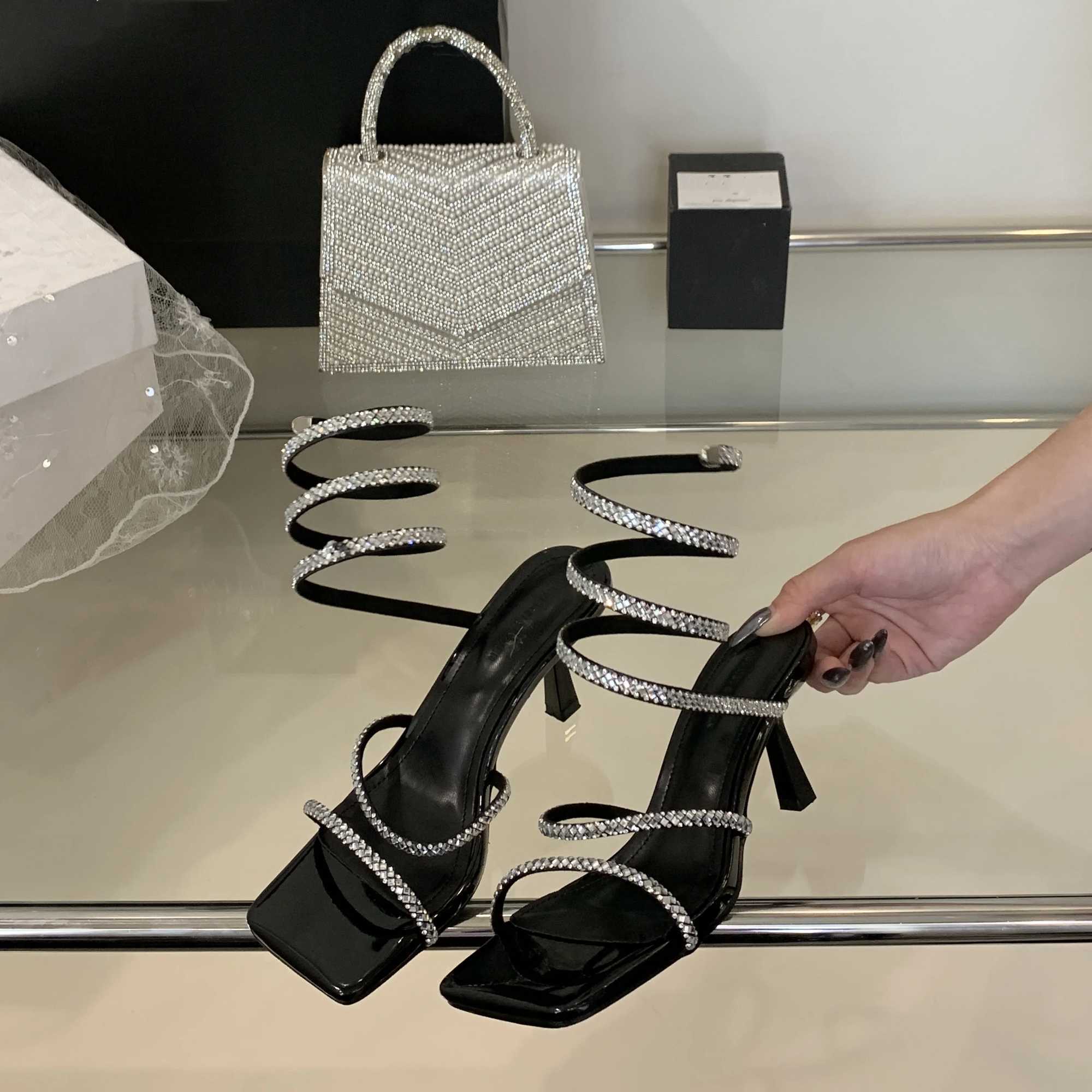 2025 Summer Fashion Square Toe Rhinestone Snake-Wrap Party Wedding Womens Mid-Heel Sandals Z250617
