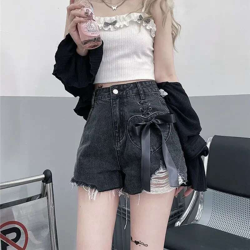 Denim Shorts for Women Strappy Ripped Jorts Elegant Cheap New In Harajuku Fashion 2000s Clothes Y2k Comfy Short Jean Pants Woman