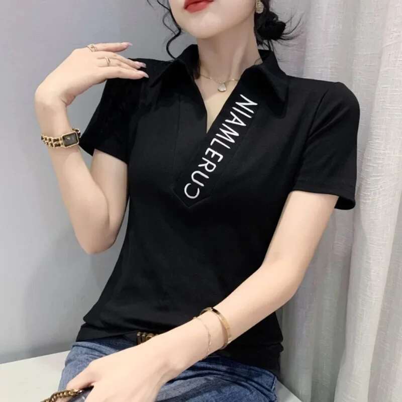 Polo Neck Shirt for Women Embroidery Baggy Plain Woman T Casual Tops Korean Clothing Luxury Basic High Quality Synthetic New