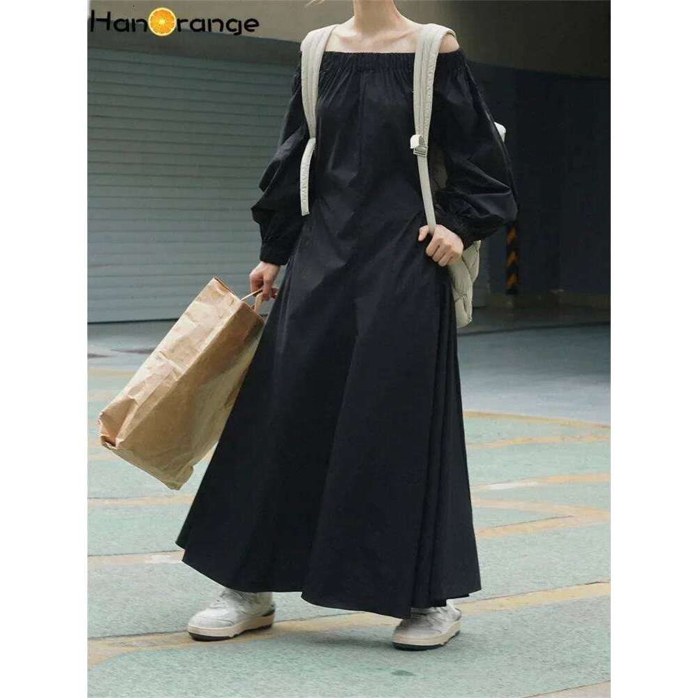 HanOrange 2024 Early Autumn Puff Sleeve Boat Neck High Waist Umbrella Dress Black/Gray Green