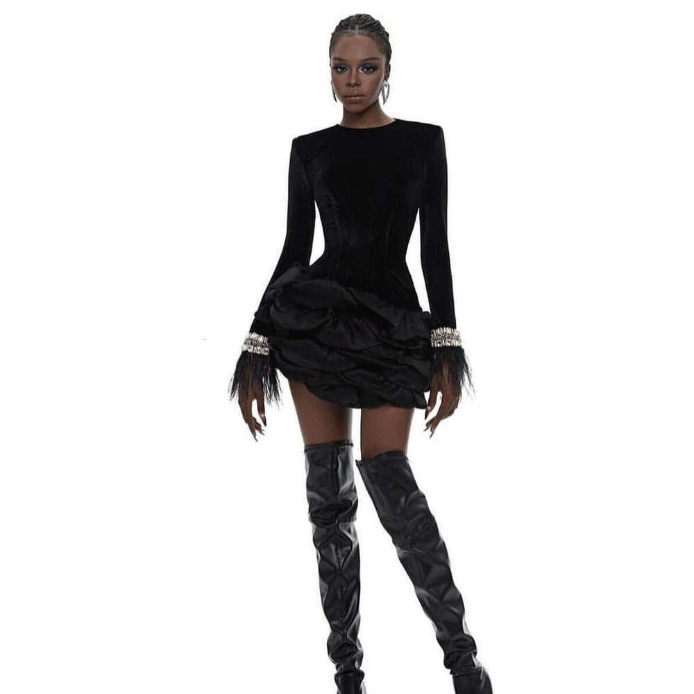 Autumn Winter New French Hepburn Style Layered Ruffle Irregular Long Sleeve Black Bandage Dress