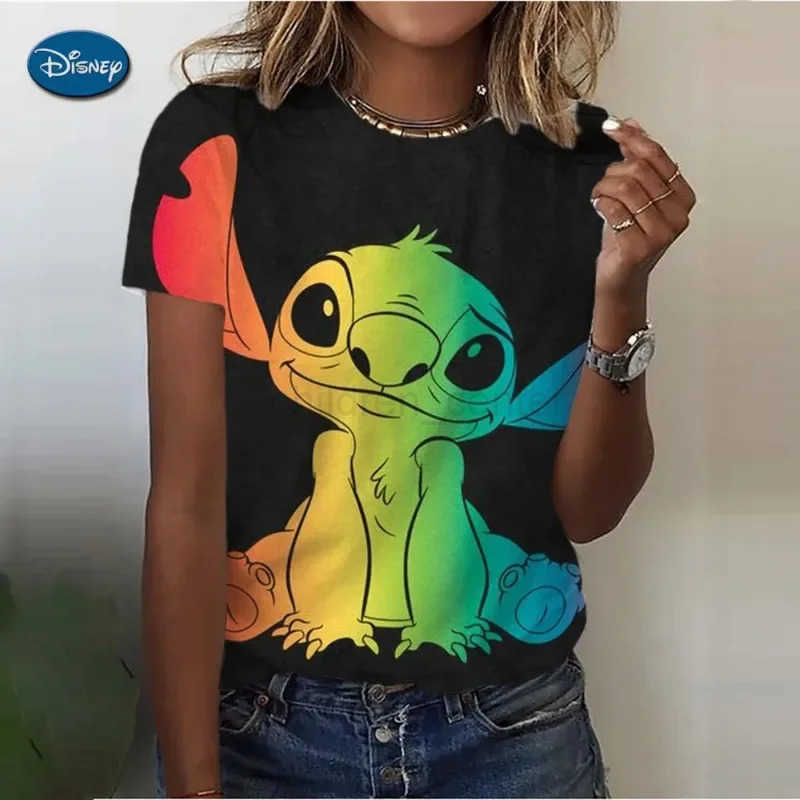 Disney 2024 Summer Disney Lilo Stitch 3D Print T-shirts For Women Cute Lady Summer T-shirts Casual O-neck Stitch T-shirts W250617