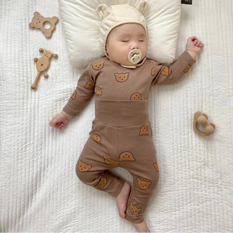 0-3Y High Waist Unisex Baby Pajama Suit Toddler Boys Cute Bear Sleep Wear Infant Pajama Girls Cartoon Print Night Wear 250617