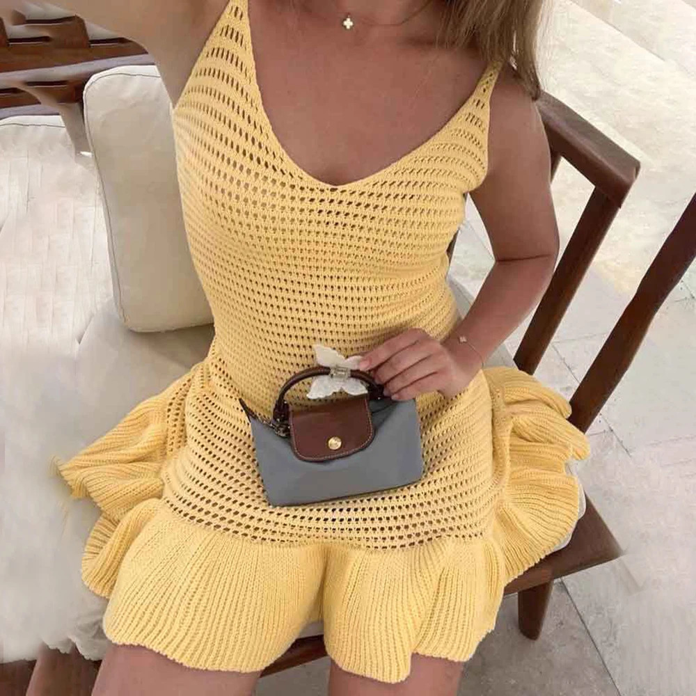 Tuularose Knit Ruffle Mini Dress Womens Summer Sexy Hollow Out Beach Holiday Sleeveless Halter Dress Solid Slim Short Dresses 250616