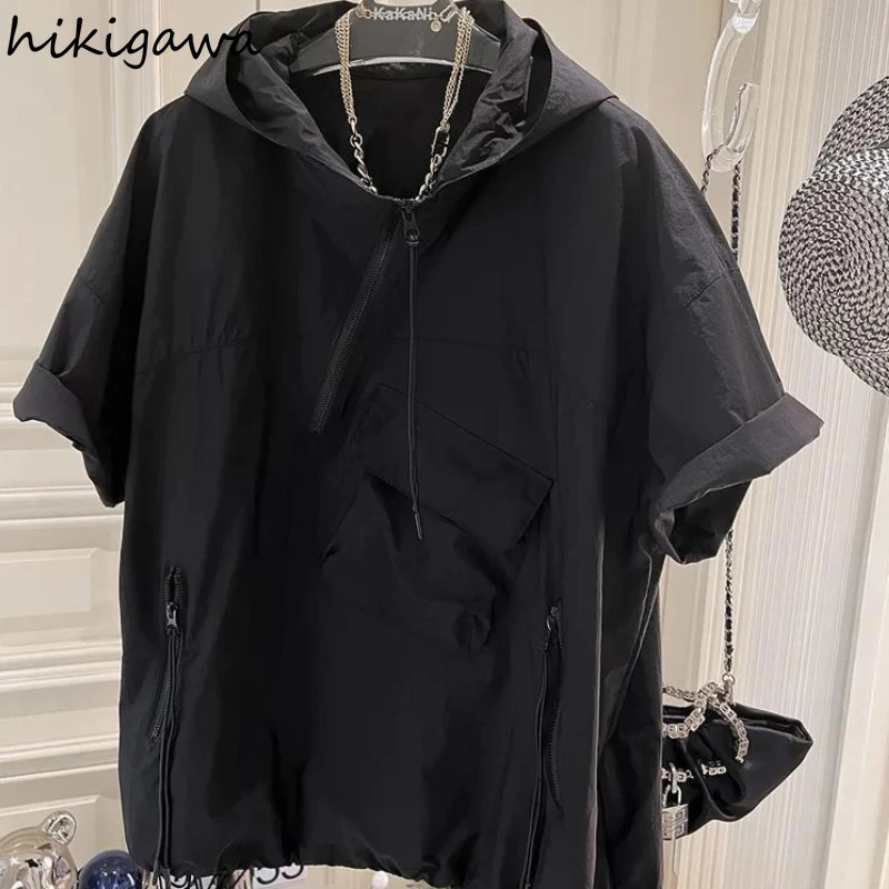 Summer Hoodies Womens Clothing Short Sleeve Hooded Half Zipper Y2k Tops Streetwear Casual Fashion Korean Sweatshirt Ropa Mujer 250612