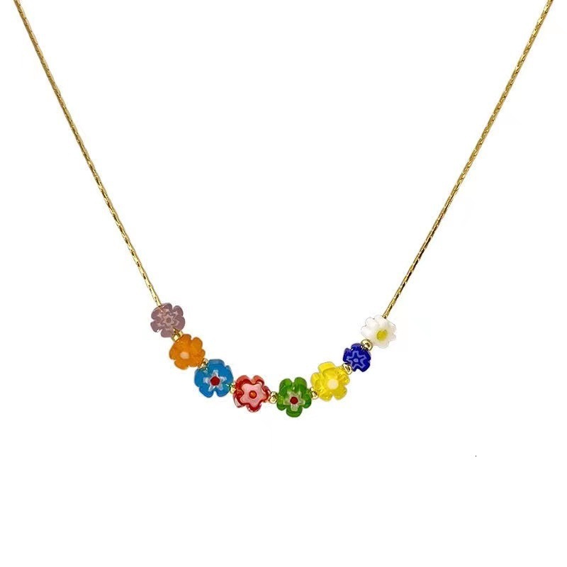 Fashion Light Simple Unique Design Colorful Glass Flower Necklace for Women Titanium Steel Non-Fading Jewelry