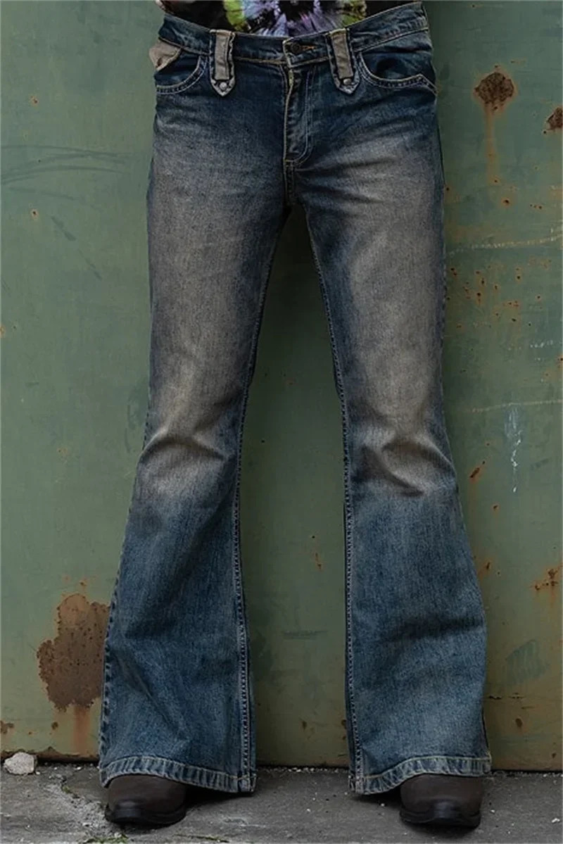 Vintage Mens Big Flared Jeans Male Youth Four Seasons Casual Deep Blue Denim Pants Fashion High Waist Trousers Streetwear 250616