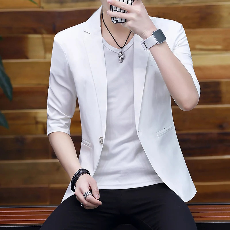 Summer Silk Smooth Solid Color Jacket Blazers 34 Sleeve Suit Formal Dress Youth Medium Sleeve Suit Male Slim Korea Style Suit 250614