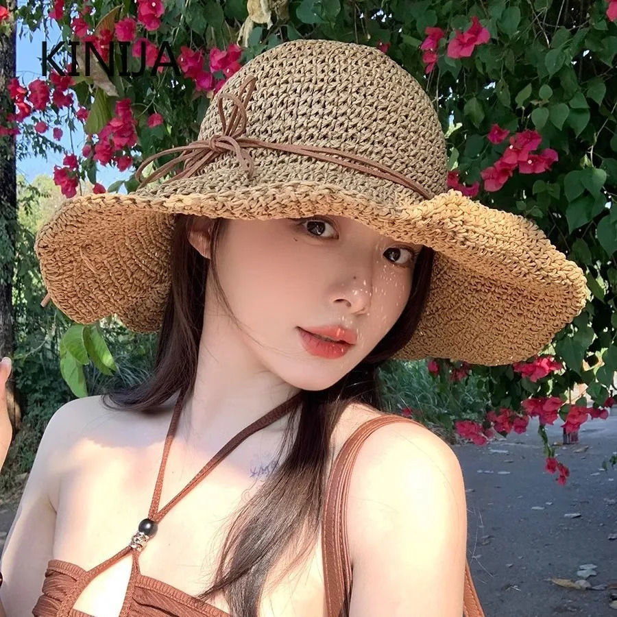 Holiday Sle Beach Fisherman Hat Seaside Sun Protection Sun Hat Large Brim Bow Woven Straw Hat Women Panama Chapeau Korean 250616