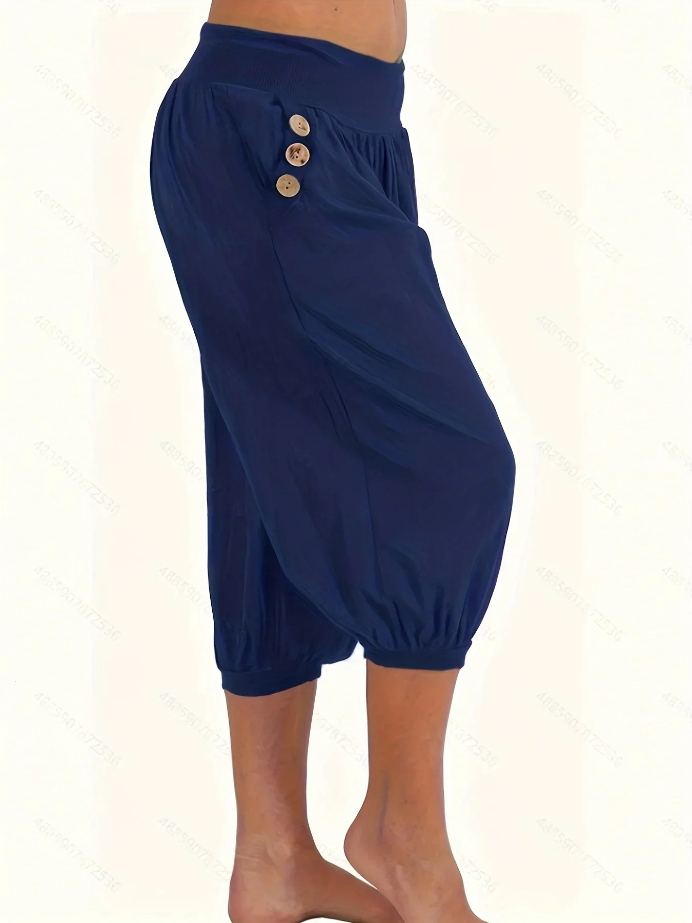 Plus Size 1XL5XL Womens Fashionable Solid Color Button Pocket Loose Cropped Pants Loose and Comfortable Casual Lantern Pants 250609