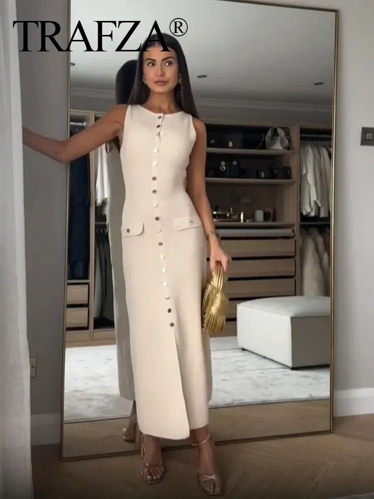 TRAFZA Women Elegant Solid Knitted Dress Single Breasted O Neck Sleeveless Dresses With Pockets Slim Midi Dress Office Lady 250614