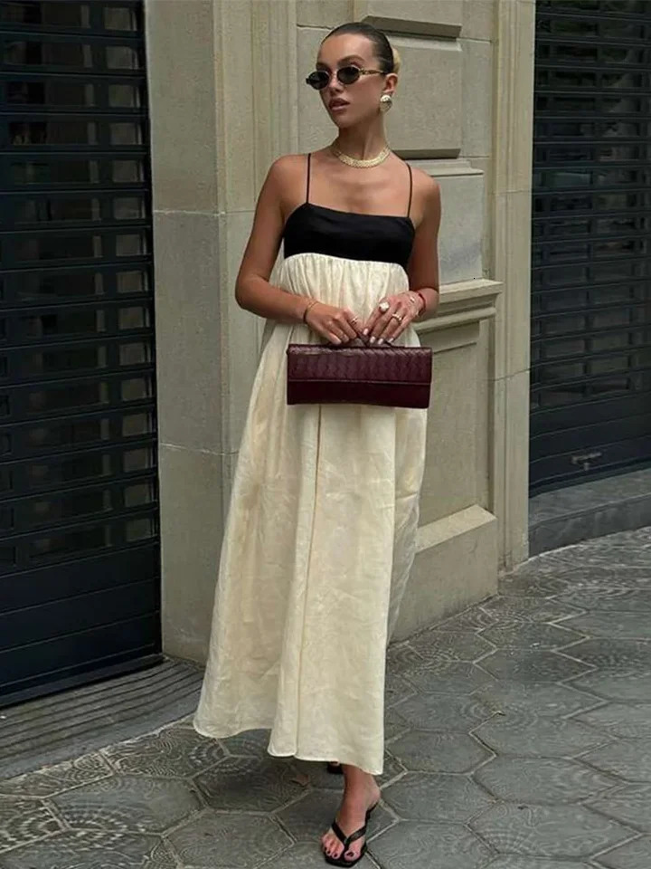 Black White Patchwork Slip Dresses Pleated Loose Color Contrast French Sexy Women Linen Suspender Long Dress Fashion Maxi Robes 250616