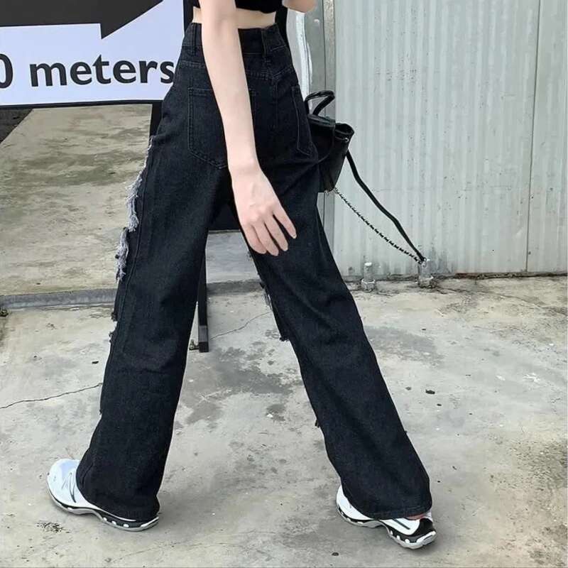 Wide Leg Womens Ripped Jeans With Holes Trousers High Waist Shot Stretched Cool Cowboy Pants for Woman Hippie Z Luxury Designer