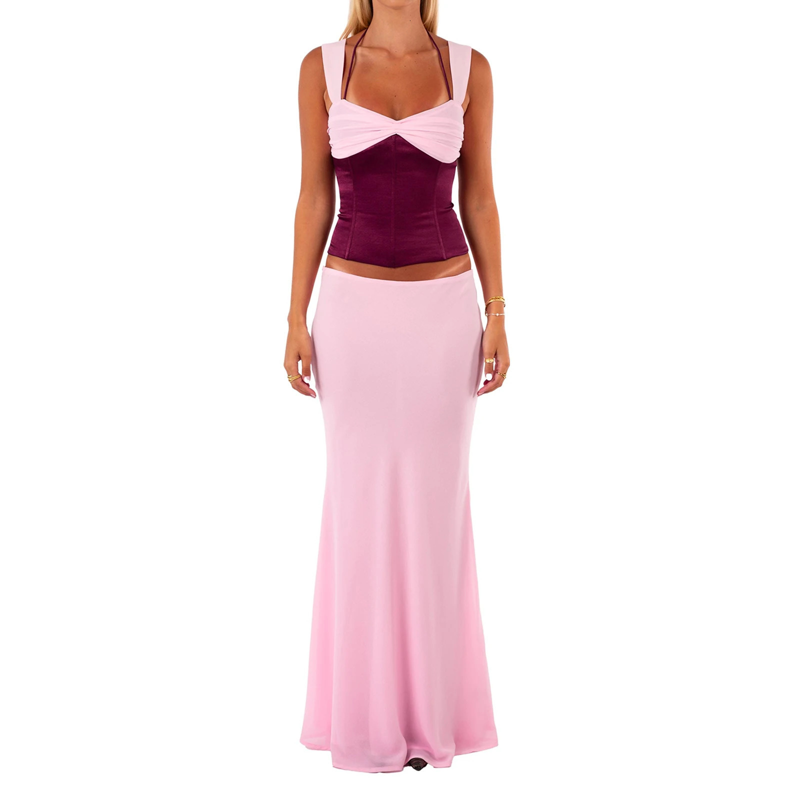 Women Summer Two Piece Maxi Skirts Sets Y2k Strappy Ruched Tank Tops Elegant Flared A-Line Long Skirt Vacation Beach Outfits 250617