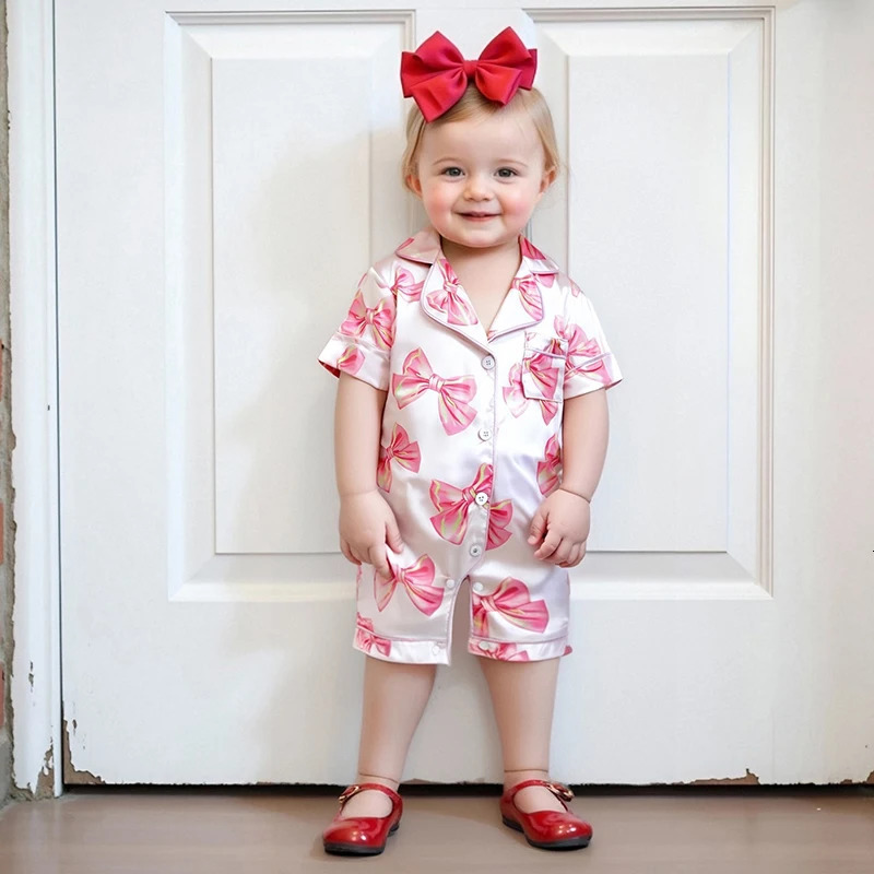 Adorable Infant Princess Bow Satin Pajama Set with Short Sleeves Button-up Shorts and Jumpsuit for Sweet Toddler Bedtime 250617
