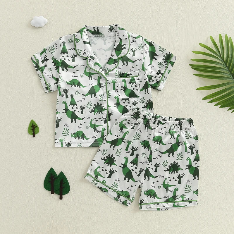 Boys Summer Pajama Set with Fun Dinosaur Print Short Sleeve Button Down Top and Matching Shorts for Comfortable Lounge Wear 250617