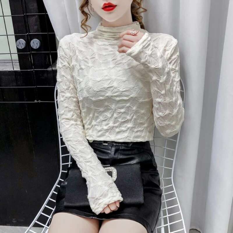 T Shirts Female Autumn Clothes Lace Tees Elegant Top for Women Long Sleeve Pulovers Glitter Loose Cheap 90s Turtleneck Art White