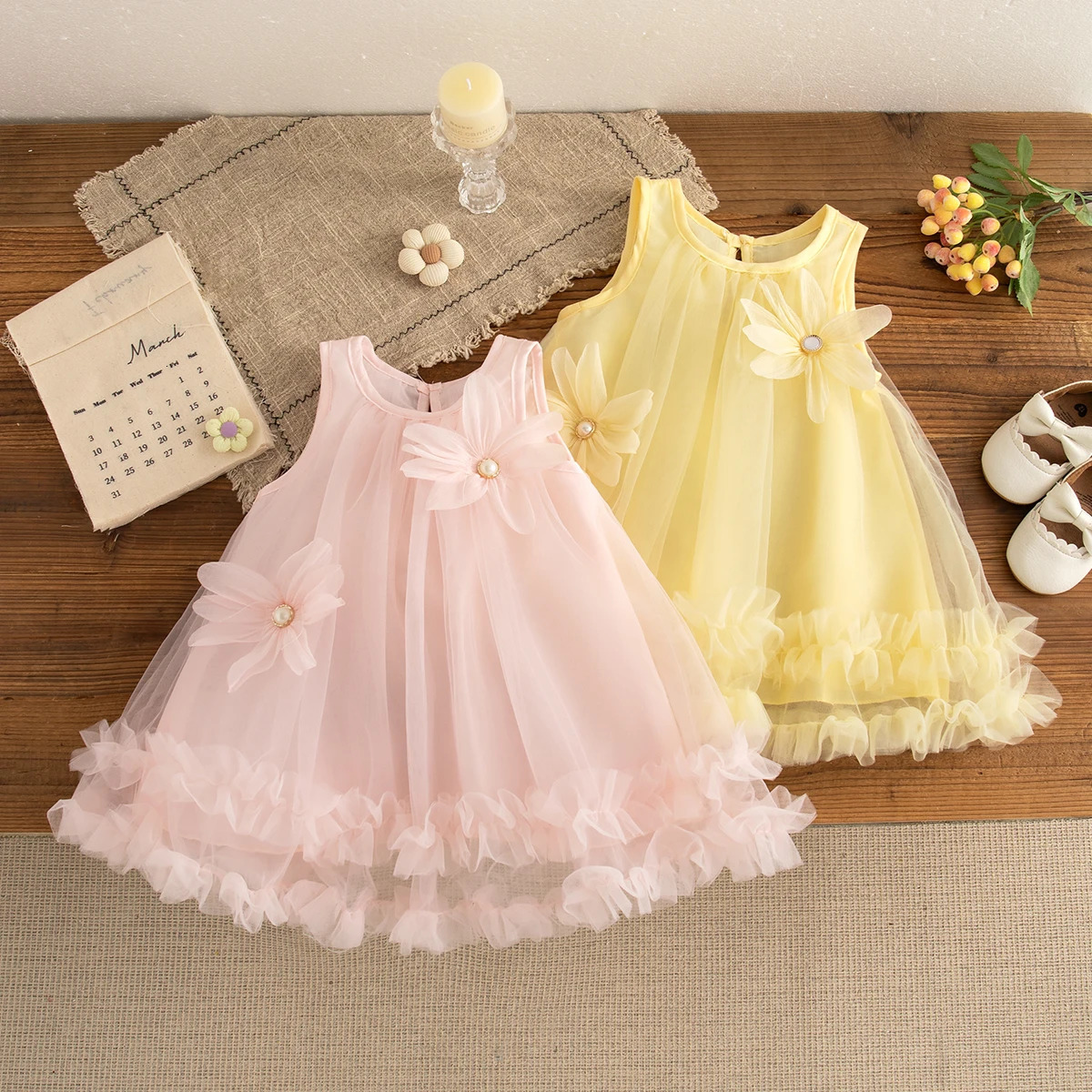 Baby Girl Pink Dress Flower Sweet Sleeveless Feather Gauze Princess Dress Wedding Party Dress for Kids Girl 250617