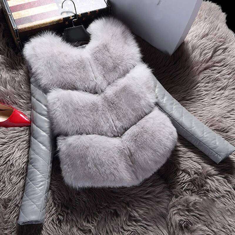 HJQJLJL 2022 Winter Removable PU Sleeve Faux Women Short Fluffy Fake Fur Outerwear Fashion Fuzzy Coat Overcoat