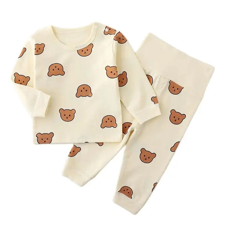 0-3Y High Waist Unisex Baby Pajama Suit Toddler Boys Cute Bear Sleep Wear Infant Pajama Girls Cartoon Print Night Wear 250617