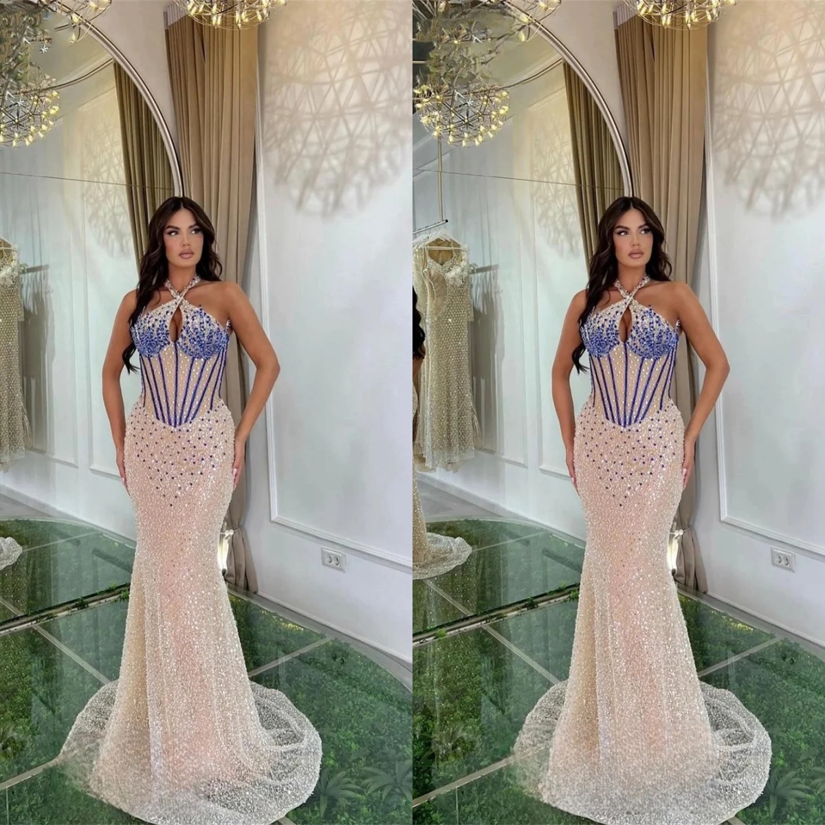 Exquisite Mermaid Evening Dress Halter Colorful Crystal Sequins Sleeveless Prom Gowns Floor Length Party Dresses Customized