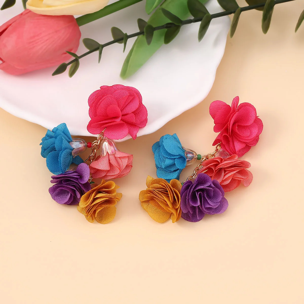 Exaggerated Boho Colorful Cloth Simulation Flowers Tassel Drop DangLe Earrings for Women Floral Eye-catching Statement Jewelry 250610