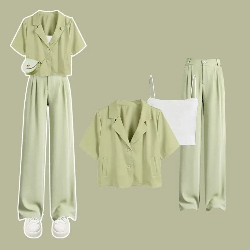 Summer Korean Elegant Thin Short Sleeved Suitsuspenderpants Three Piece Womens Fashion Casual Blazers Matching Set 250612
