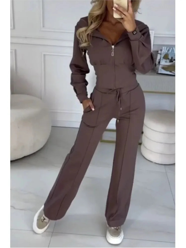 Autumn And Winter Hooded Zipper Jacket Tight Solid Color Two-piece Sets Women Fashion Casual Wide Leg Pants 2 Piece Set 250614