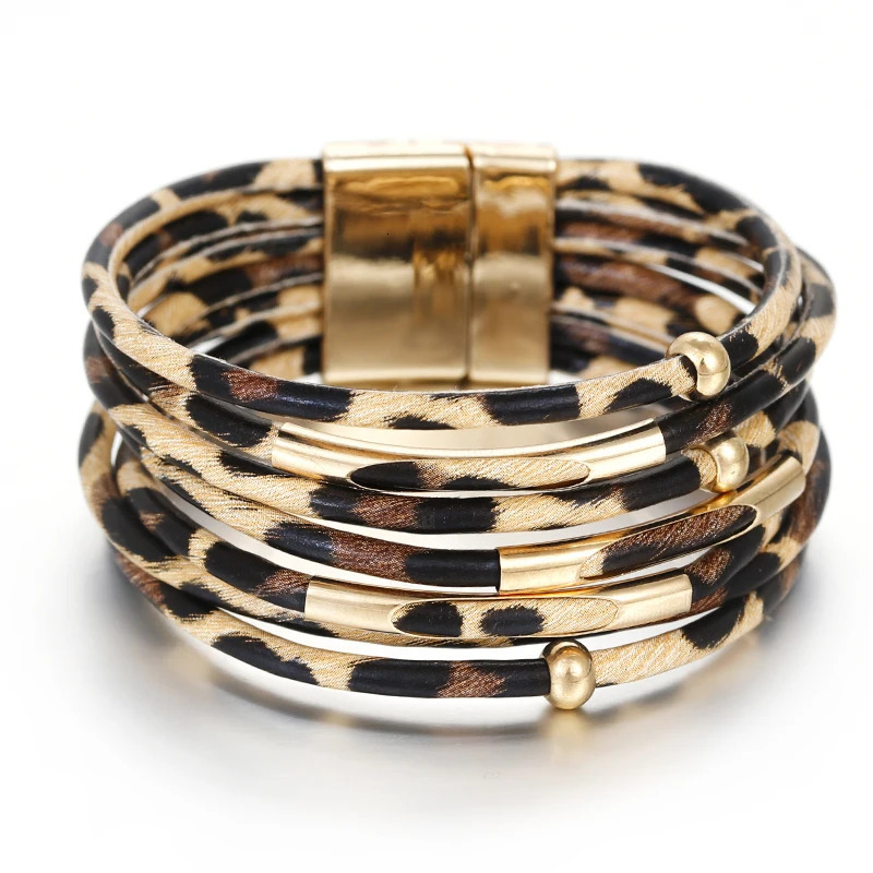 ALLYES Leopard Leather Bracelet Jewelry Fashion Women Metal Tube Ladies Wide Boho Multilayer Wrap Bracelets Bangles 250616