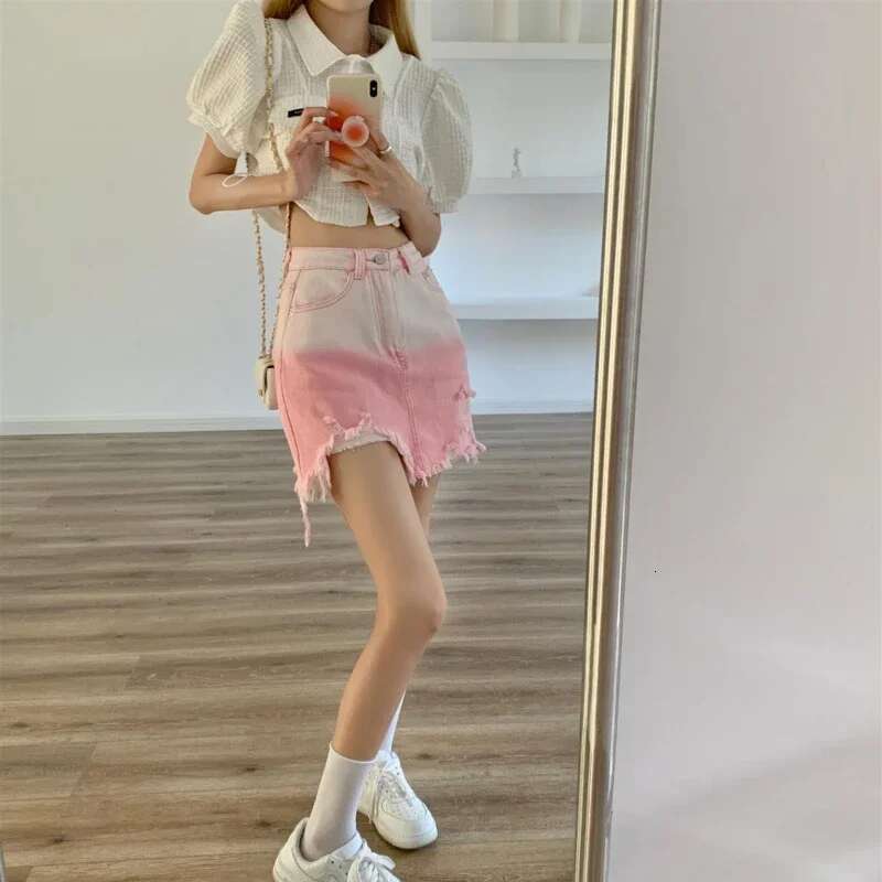 Wrap High Waist Gyaru Pink Woman Denim Skirt Jeans Skirts for Women Tight Cute Zipper Ripped Kawaii Short Mini Cheap V Casual