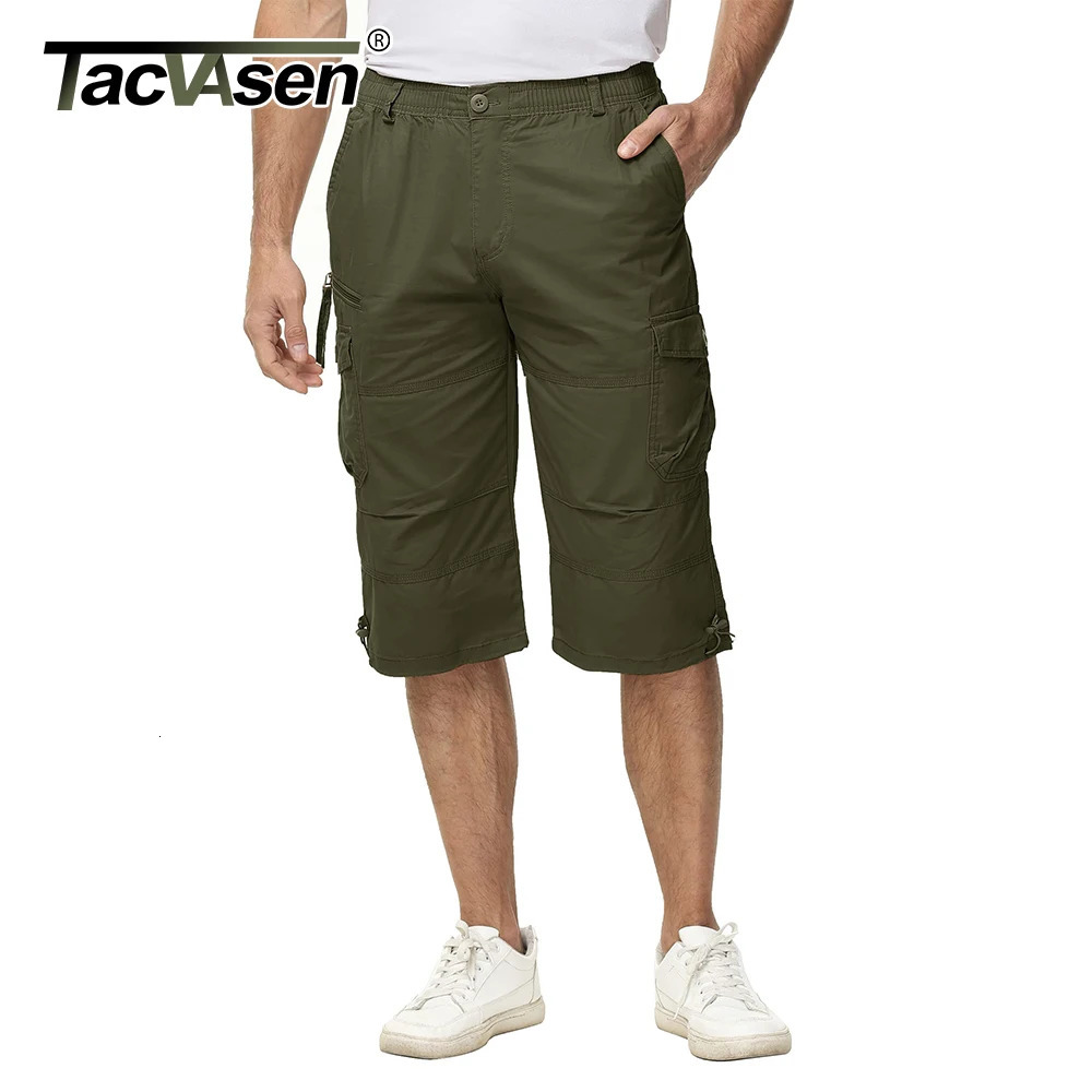 TACVASEN Cotton Below Knee Length 3/4 Long Shorts Mens Outdoor Pants Multi Pocket Summer Twill Work Cargo Pants Man 250529CJ