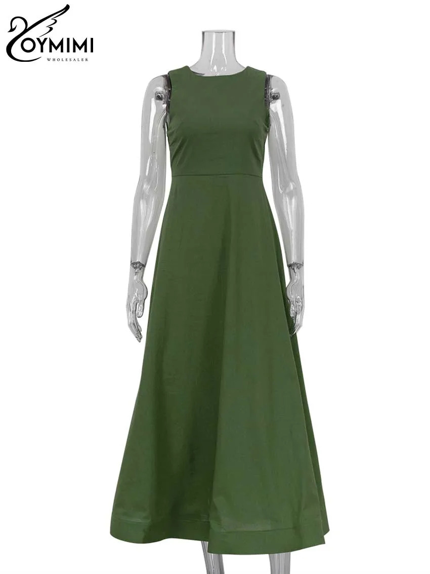 Oymimi Elegant Green Cotton Womens Dress Fashion O-Neck Sleeveless Dresses Casual High Waist A-Line Mid-Calf Dresses Female 250614
