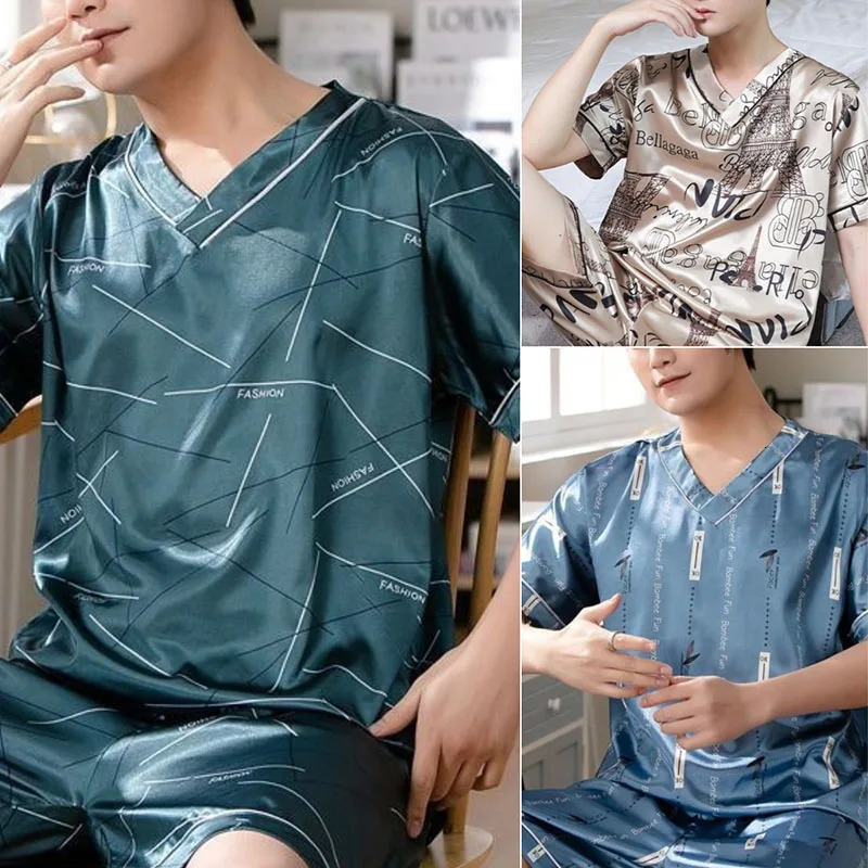 Pajamas Men Ice Silk Thin ShortSleeved TwoPiece Suit Korean Version of the Loose Large Size Home Clothing with Letters 250614