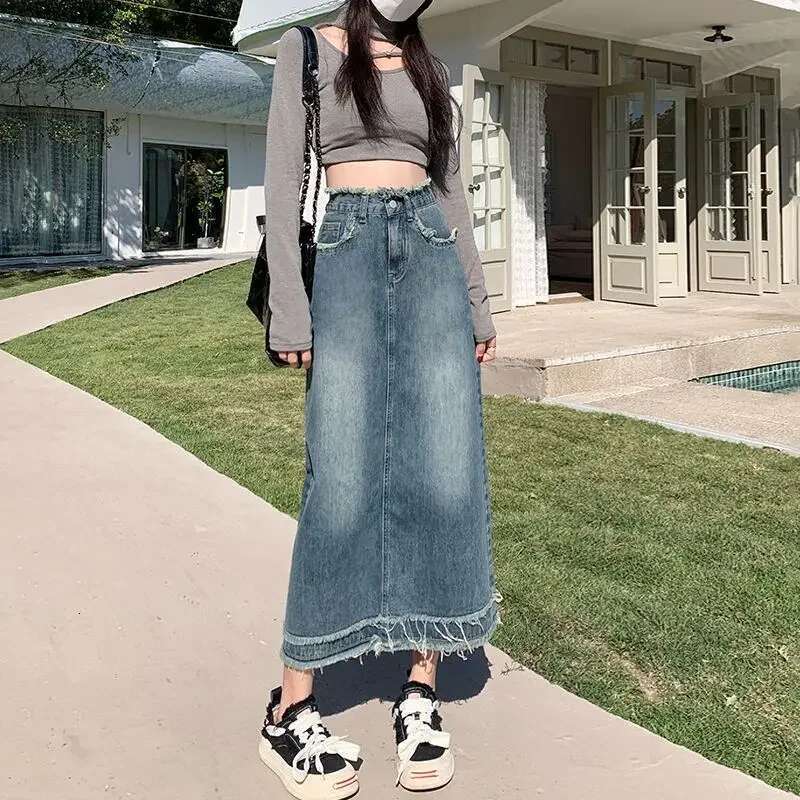 Jeans Skirts for Women Long High Waist Maxi Premium Korean Style Modest Casual Vintage Chic and Elegant Luxury Woman Denim Skirt