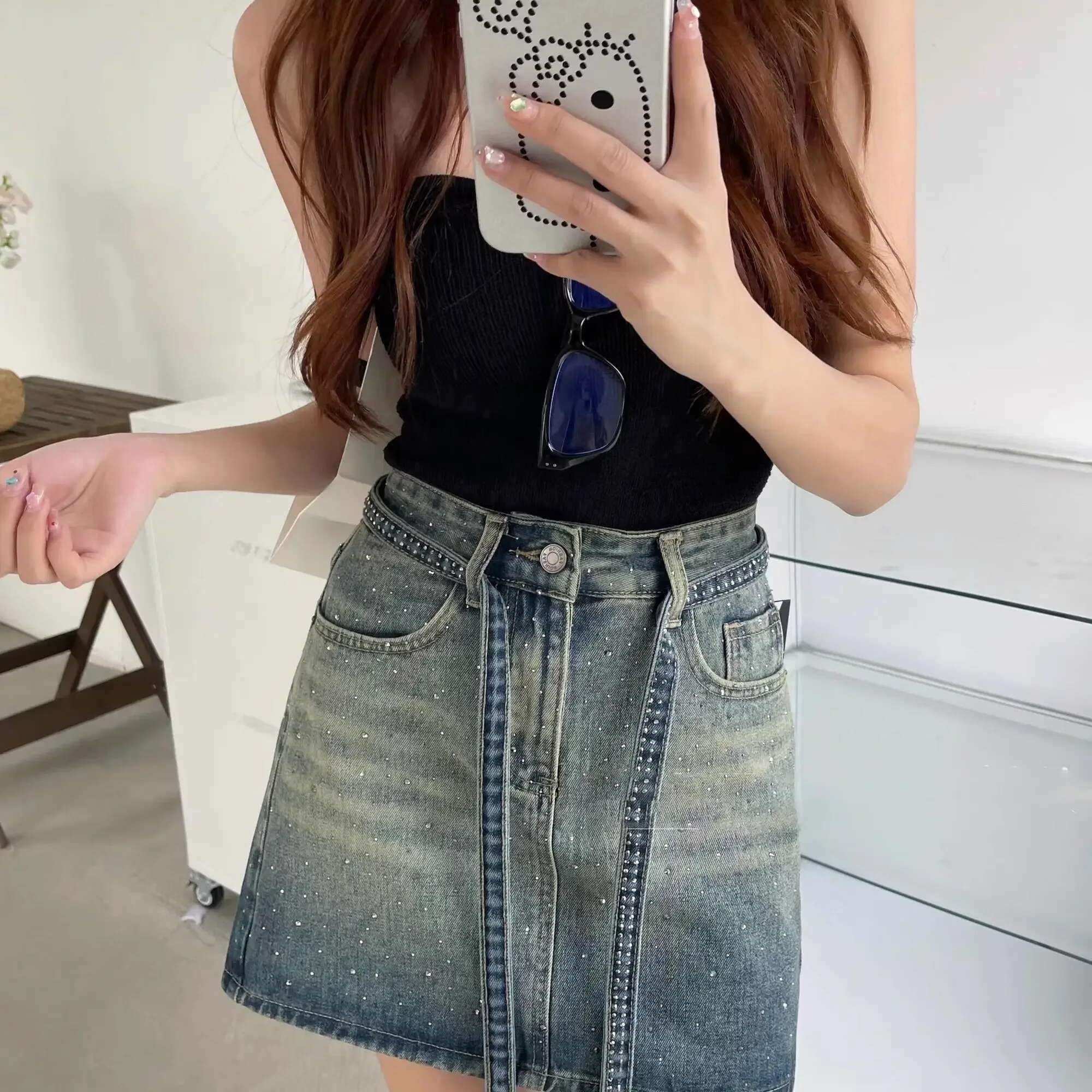 Woman Denim Skirt Sequin Tight Wrap Mini New in Streetwear Vintage Korean Fashion Luxury Elegant Short Jeans Skirts for Women