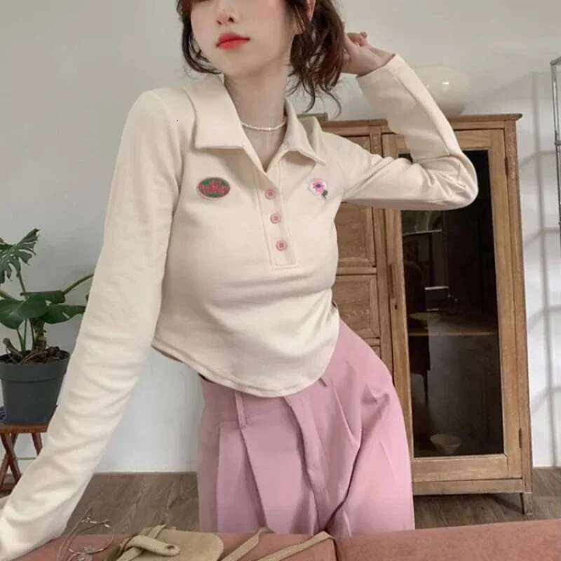 Slim Woman Tshirt Button Polo Neck T Shirt for Women Korean Clothing Popular Clothes Fashion 2025 Basic Casual Tops Aesthetic