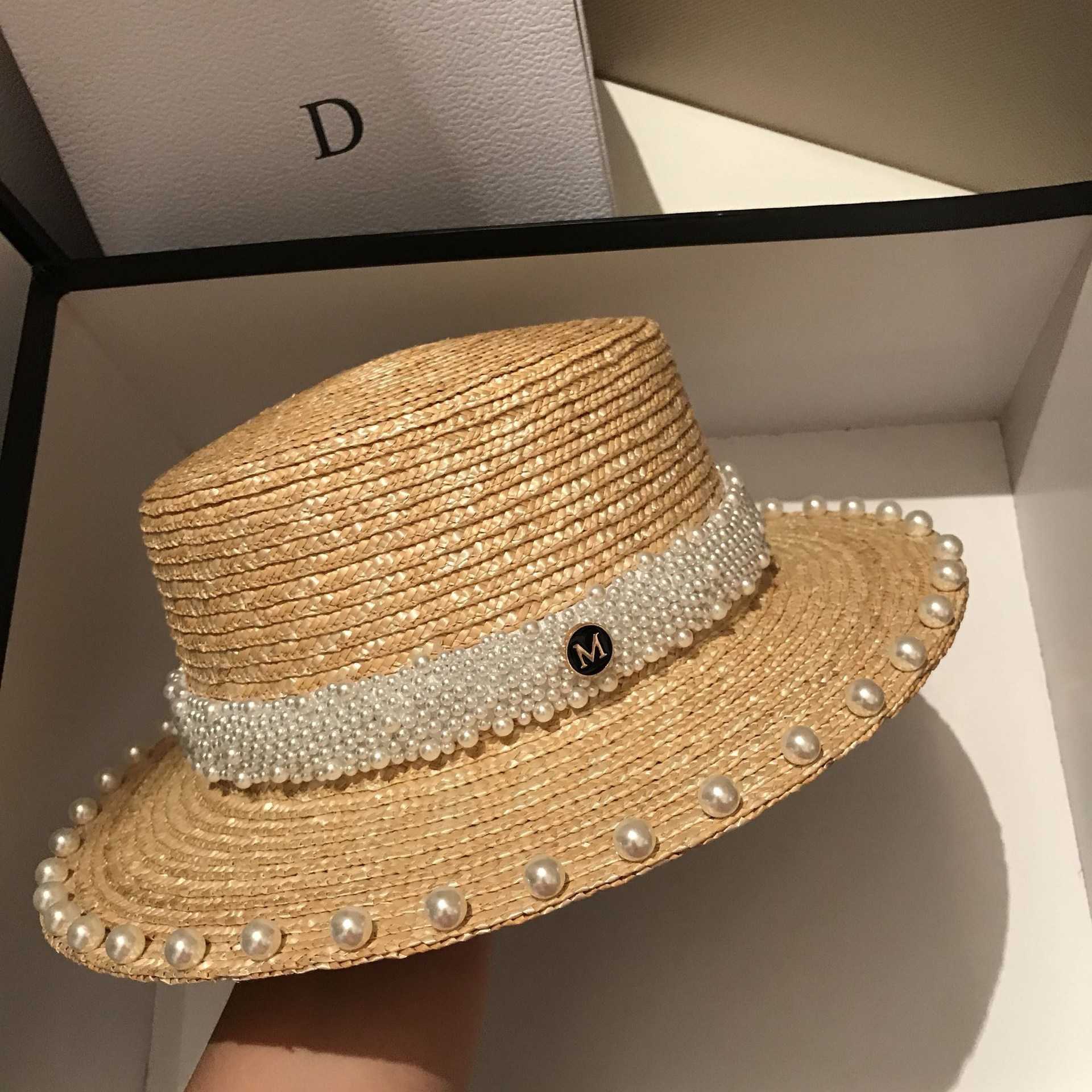 Japanese Internet Celebrity Pearl Straw Hat for Women Summer Beach Sunshade Sun Protection Sun Hat Travel Vacation Flat Top Hat 250615