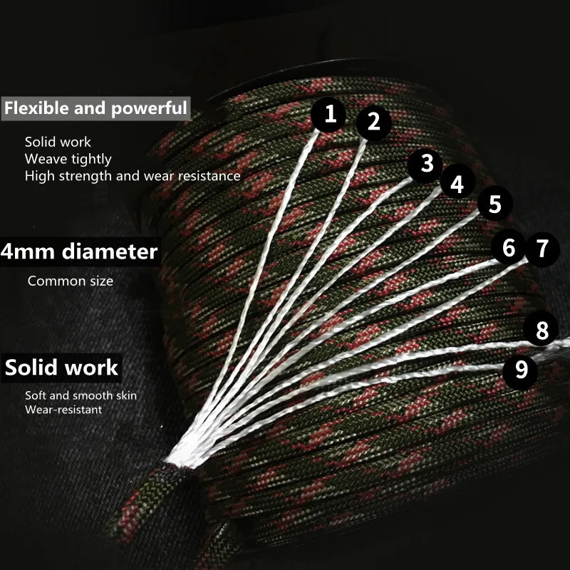 Military Paracord for Outdoor Survival 9 Strand 4mm 650 50m 100m Tactical Parachute Cord Camping Weaving Rope 250611