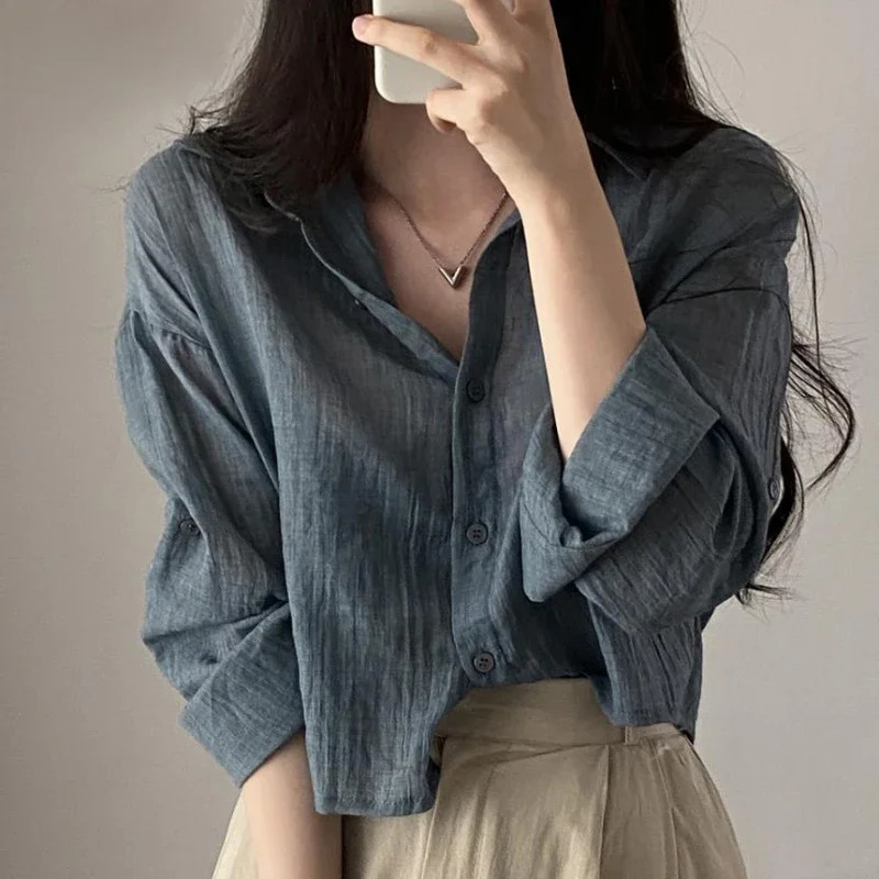 Trendy Shirt Blouse Simple Thin Pure Color Anti-UV Shirt Anti-fade Shirt Top Women Solid Color Sun Protection 250616