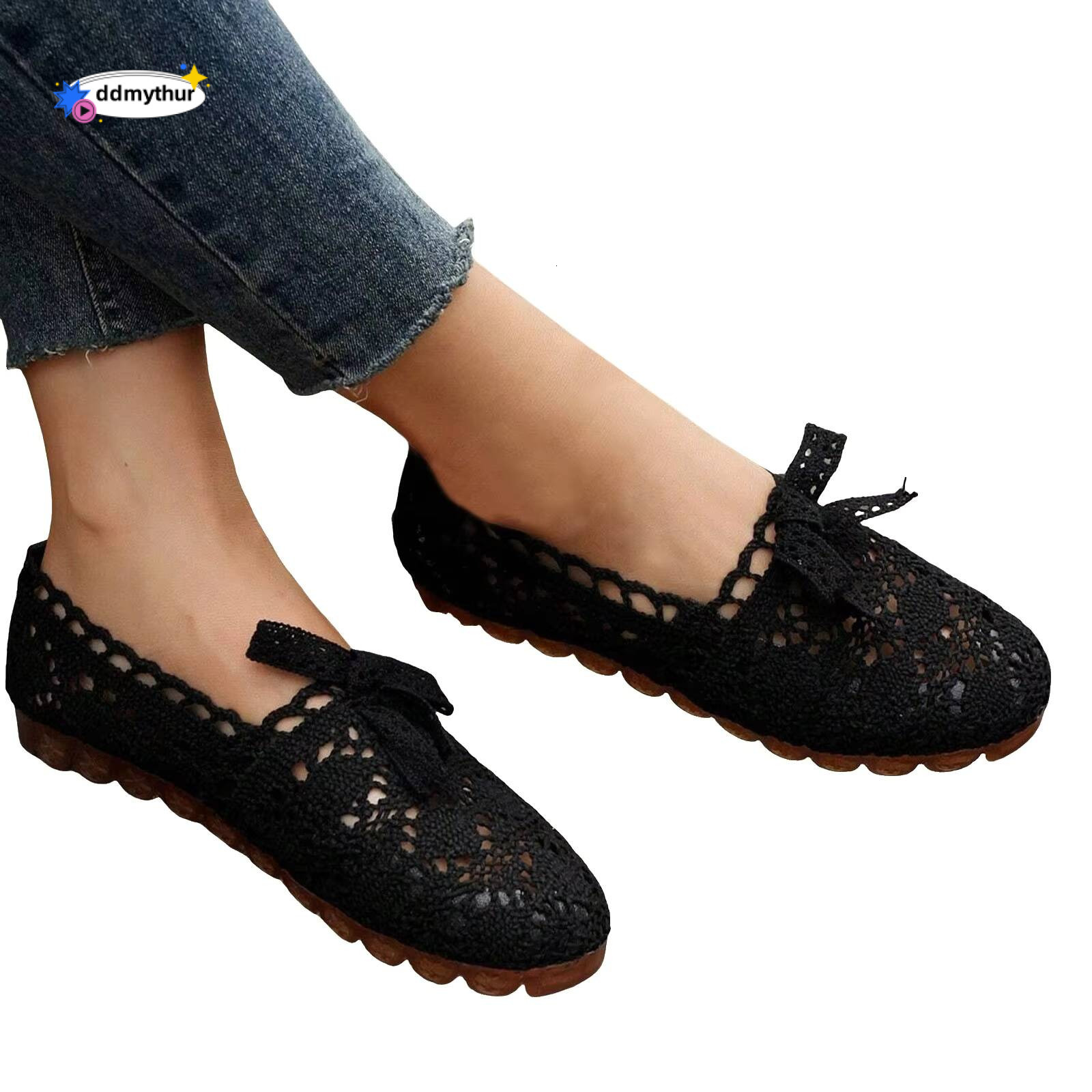 Women Casual Soft Sole Summer Flat Lace Bow Shoes Women's Hollow Out Air Mesh Loafers Womens Solid Color Sandals ddmythur