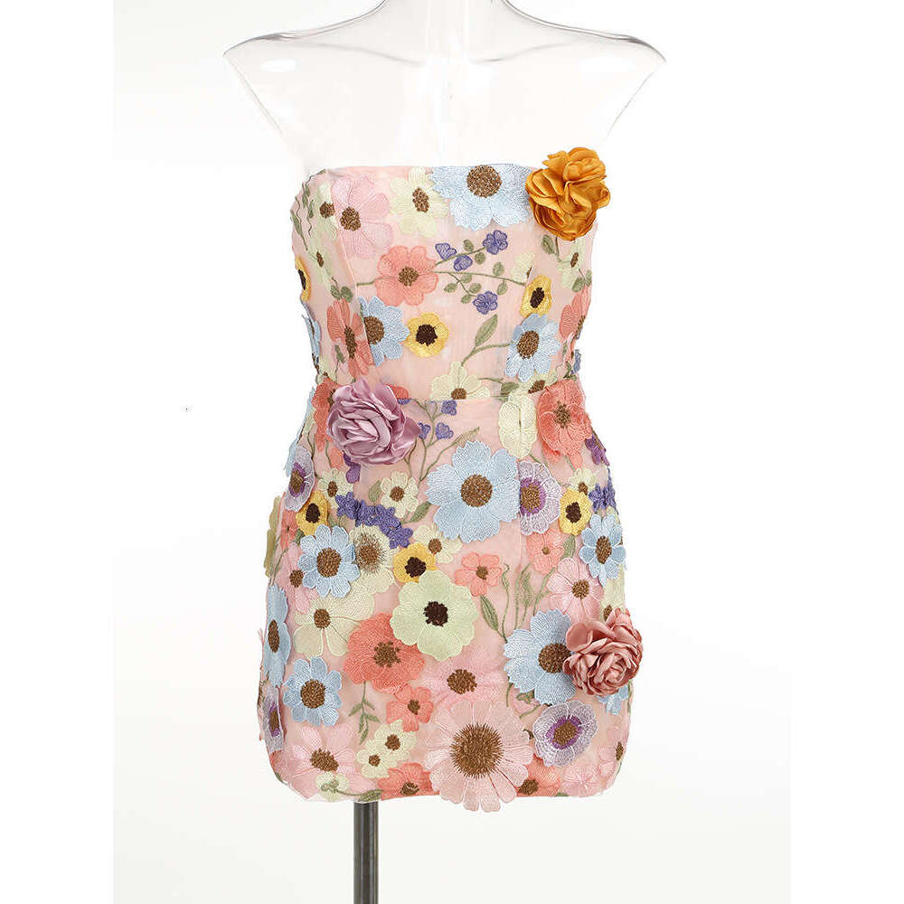 High-end Women's New Sexy Slim Fit Strapless with Floral Decoration A-line Dress for Banquet Evening Gown