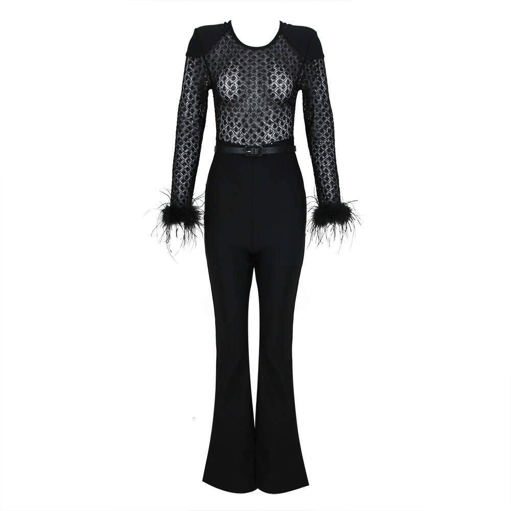 Spring New Fashion Sexy Lace Sequin Feather Bandage Jumpsuit for Women