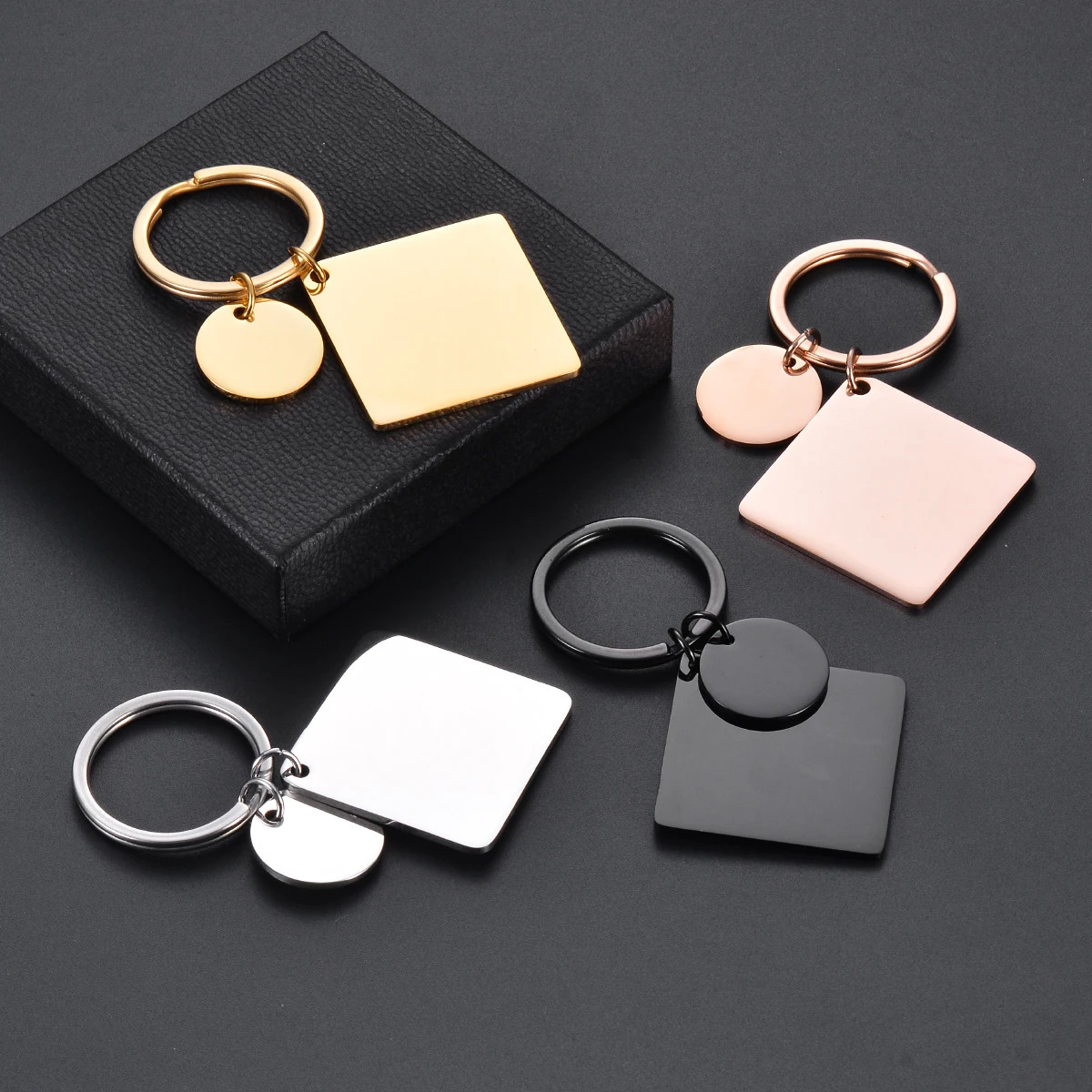 5Pcs Waterproof No fading Stainless Steel Keychain Metal Round Square Tag DIY Collar Accessories Gift Key ring Wholesale 250616