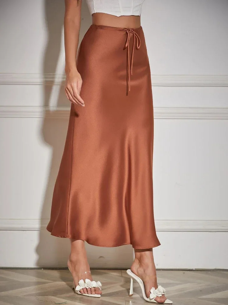 Grey High Waist Skirts for Women Fashion Temperament Elegant Black Satin Skirt Classics Versatile Slim Long Skirt Summer 250614